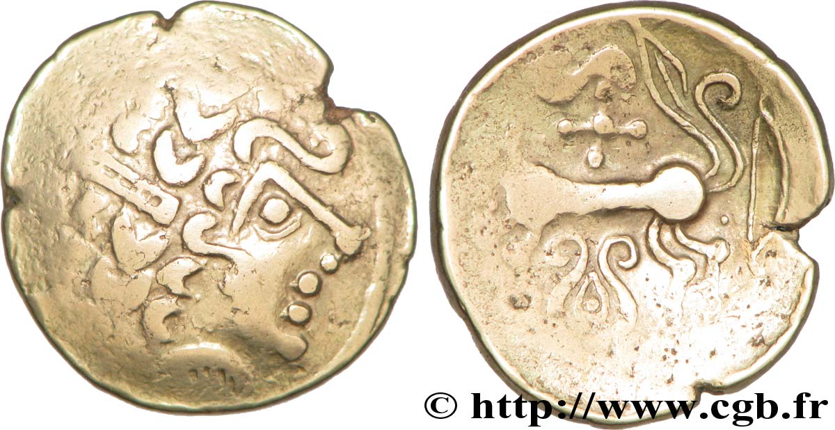 GALLIA BELGICA - LEUCI (Regione di Toul) Statère d’or au cheval retourné, série B, variété avec croix AU
