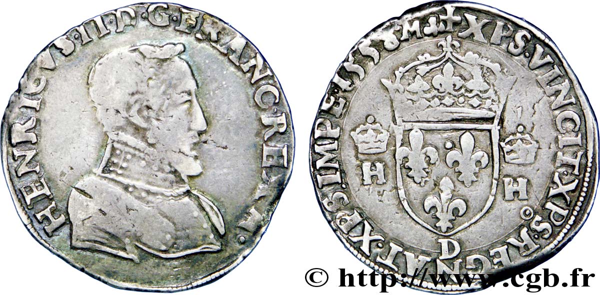 HENRY II Teston à la tête nue, 1er type 1558 Lyon BC+/MBC