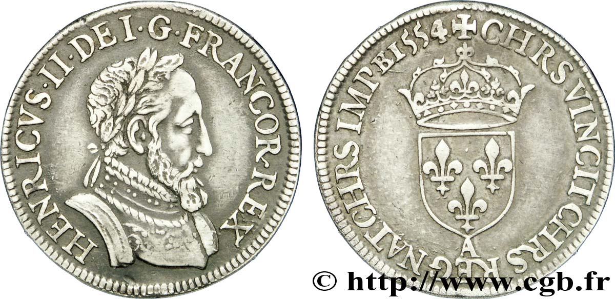HENRI II Demi-teston au buste lauré, fabriqué au moulin 1554 Paris, Moulin des Étuves TTB+