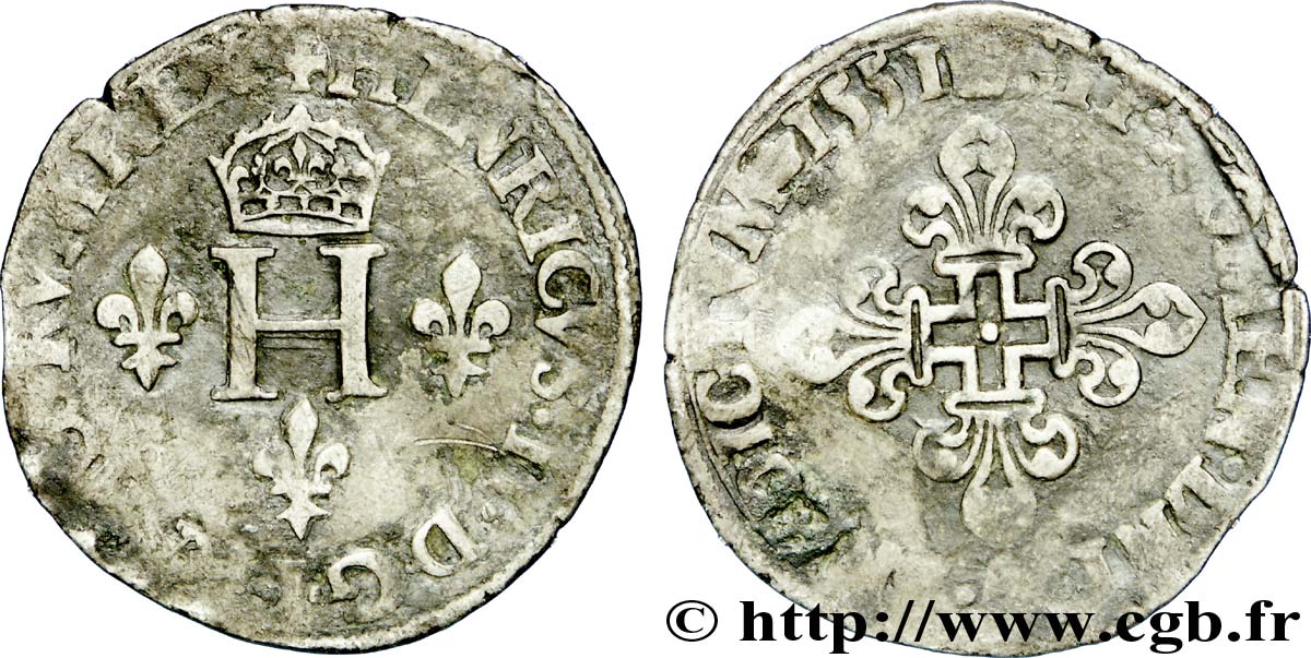 HENRI II Sol parisis ou trois blancs ou  demi-gros de Nesle  1551 Paris, Moulin de Nesle TB+/TB