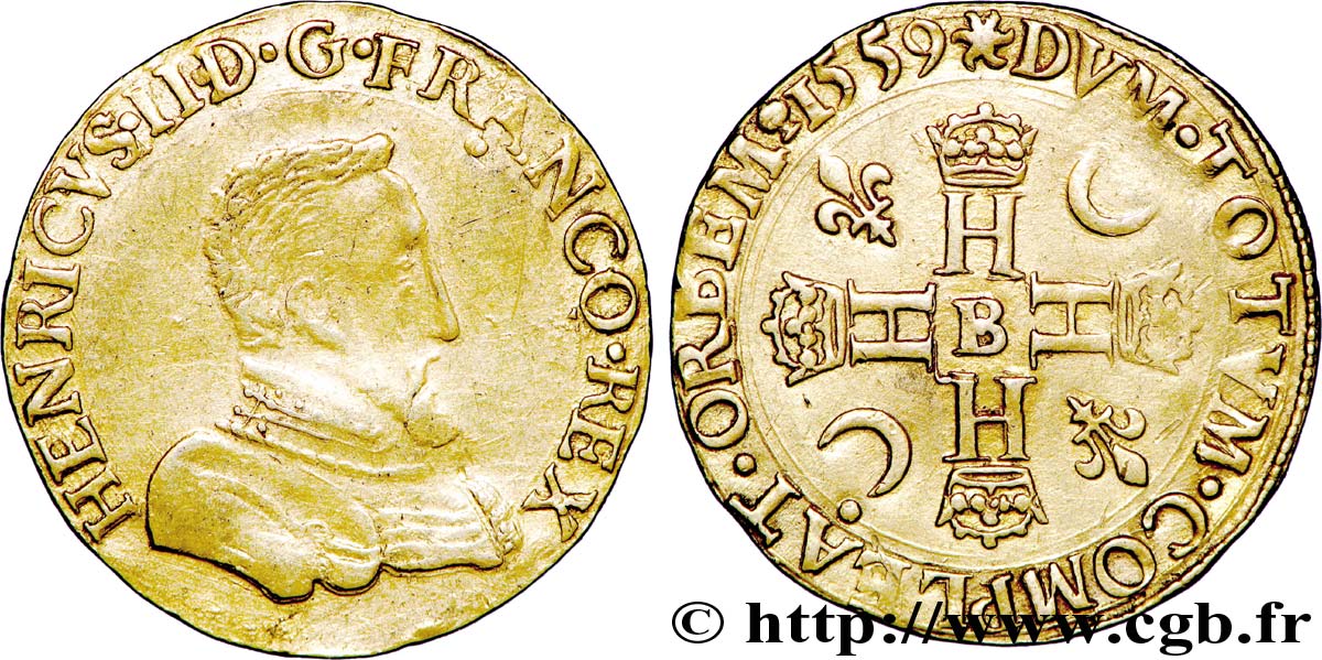 FRANÇOIS II. MONNAYAGE AU NOM D HENRI II Double Henri d or 1er type 1559 Rouen TTB/TTB+