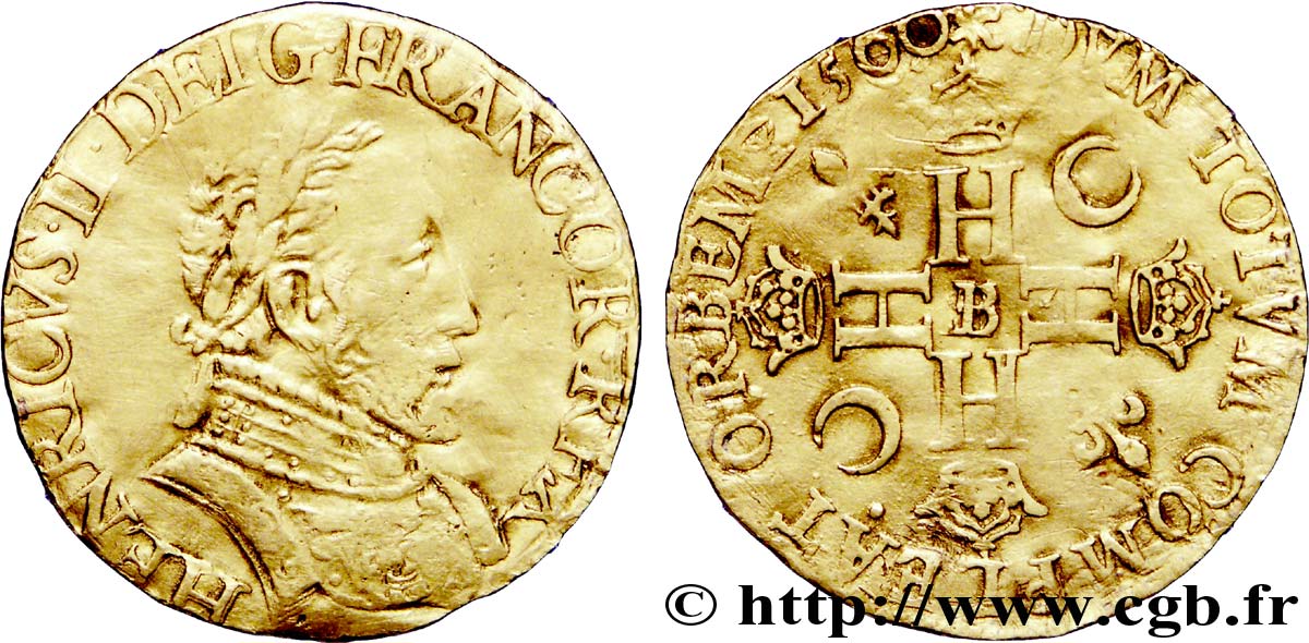 FRANCIS II. COINAGE IN THE NAME OF HENRY II Henri d or, 3er type 1560 Rouen VF/VF