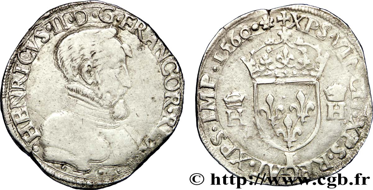 FRANÇOIS II. MONNAYAGE AU NOM D HENRI II Teston à la tête nue, 5e type, légende fautée (REGAT) 1560 Limoges TB+/TTB