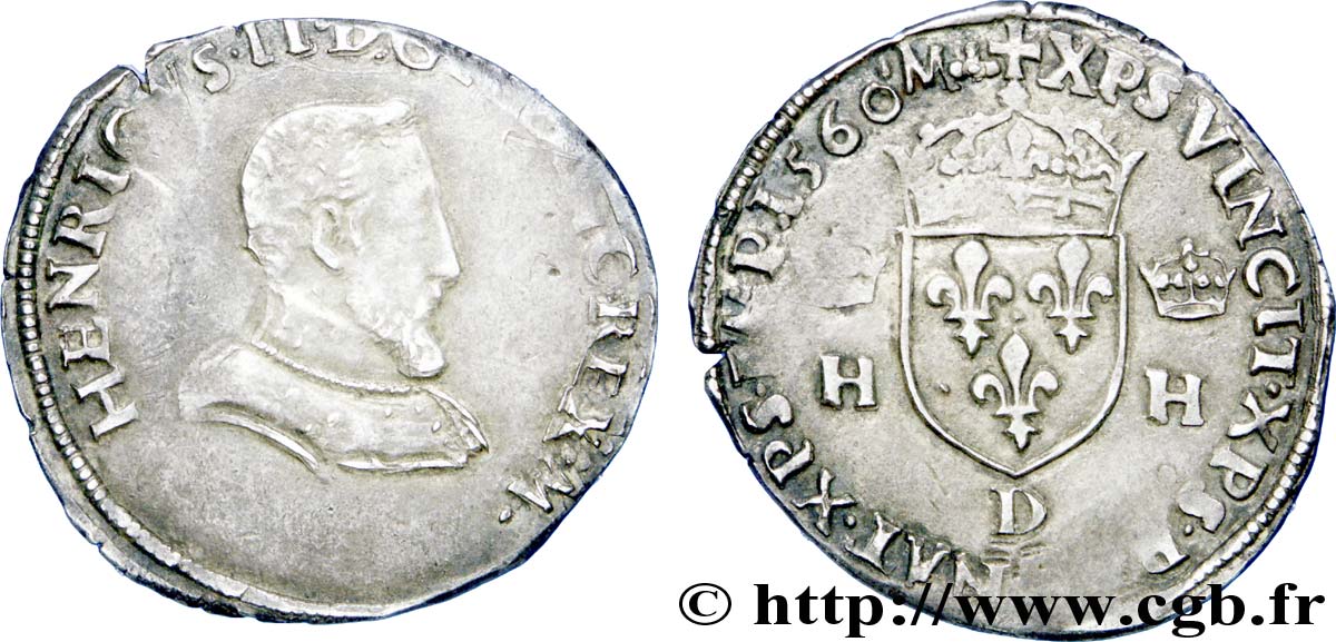 FRANCIS II. COINAGE AT THE NAME OF HENRY II Demi-teston à la tête nue, 1er type 1560 Lyon AU