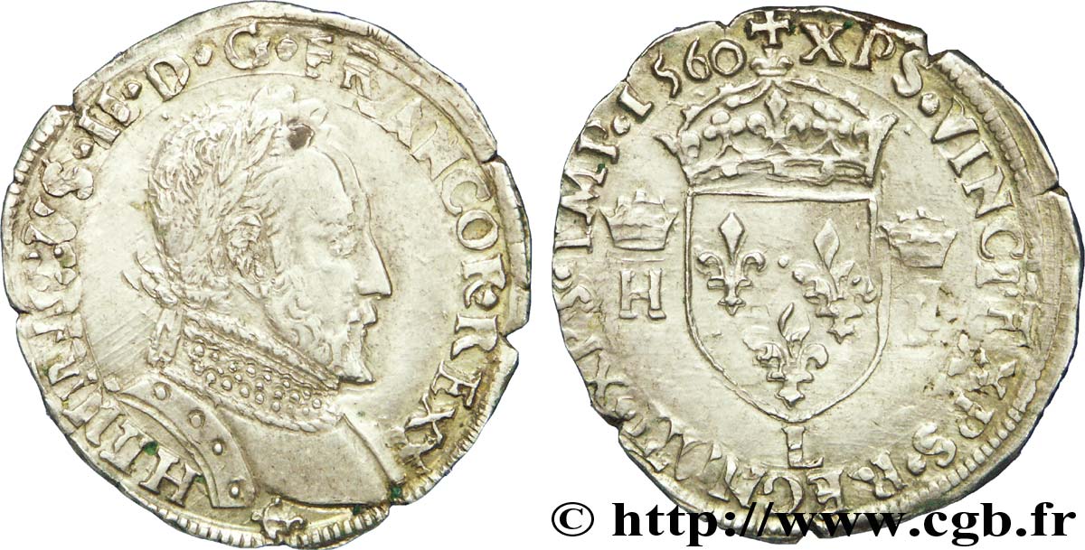 FRANCIS II. COINAGE AT THE NAME OF HENRY II Demi-teston au buste lauré, 2e type 1560 Bayonne BB