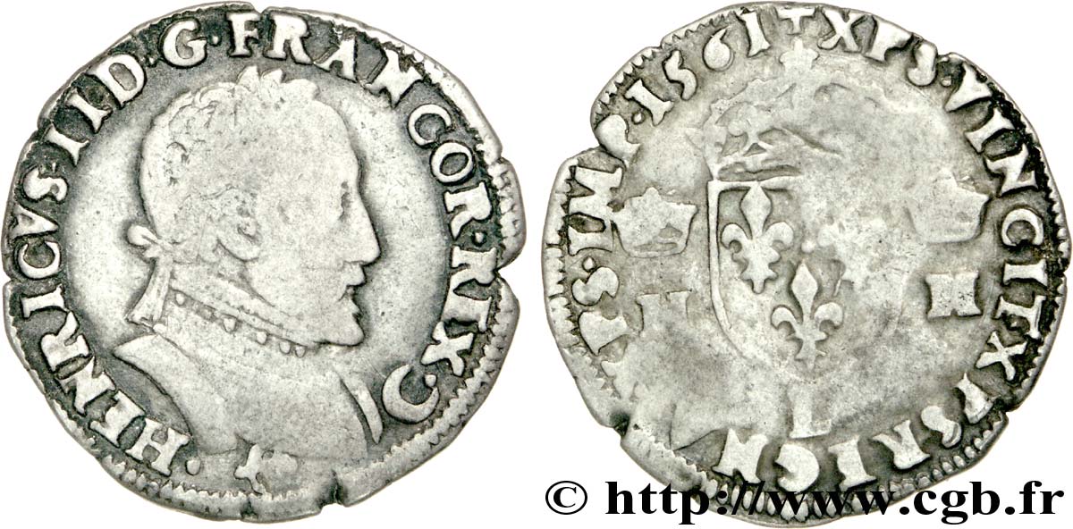 CHARLES IX. MONNAYAGE AU NOM DE HENRI II Demi-teston au buste lauré, 2e type 1561 Bayonne TB+/TB