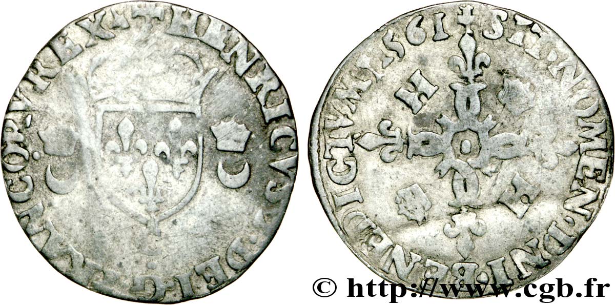 CHARLES IX COINAGE IN THE NAME OF HENRY II Douzain aux croissants 1561 Saint-Lô VF