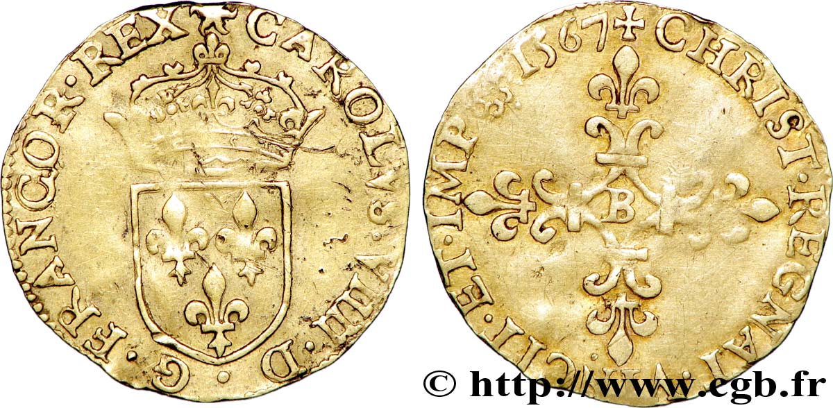 CHARLES IX Demi-écu d or au soleil, 1er type 1567 Rouen SS
