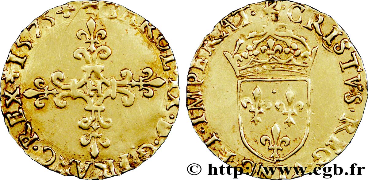 HENRY III. COINAGE IN THE NAME OF CHARLES IX Écu d or au soleil, 2e type 1575 La Rochelle AU/XF