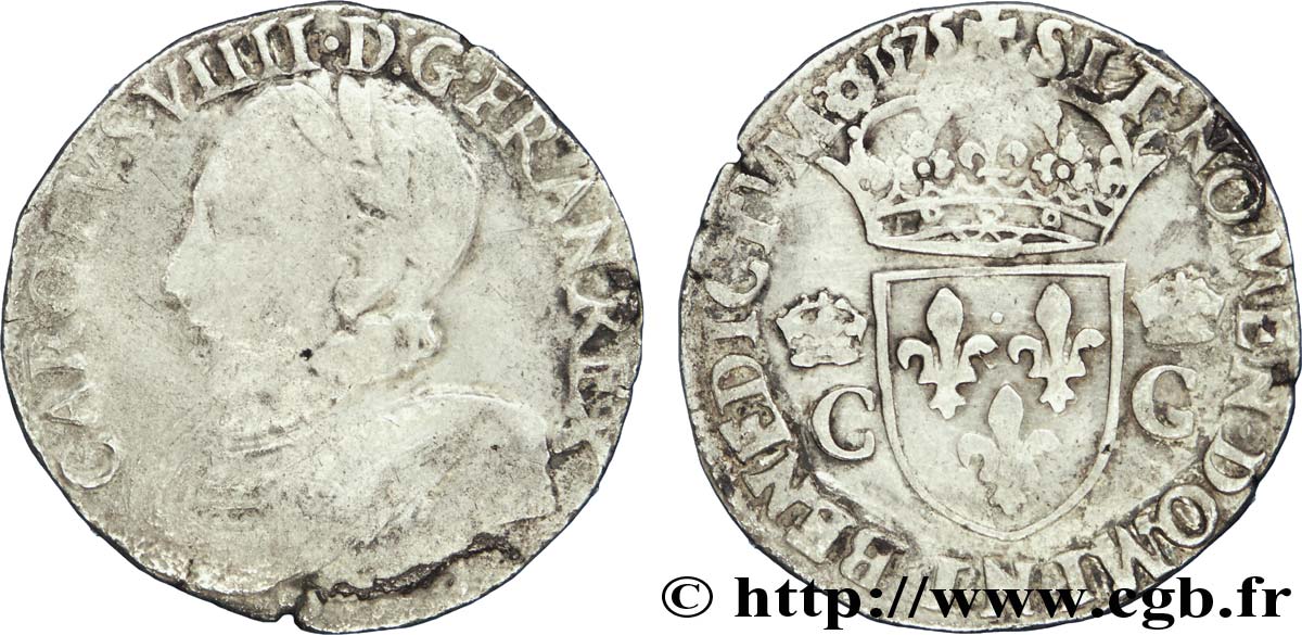 HENRY III. COINAGE AT THE NAME OF CHARLES IX Teston, 10e type 1575 Rouen VF/VF