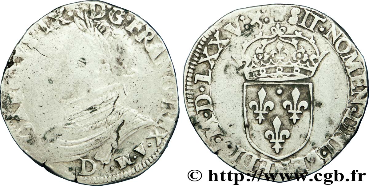 HENRY III. COINAGE AT THE NAME OF CHARLES IX Teston, 11e type 1575 (MDLXXV) Lyon MB/q.BB