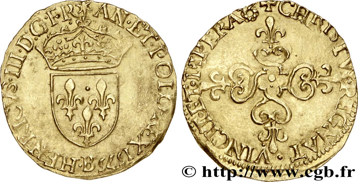 HENRY III Écu d or au soleil, 3e type 1575 Rouen BB/q.SPL