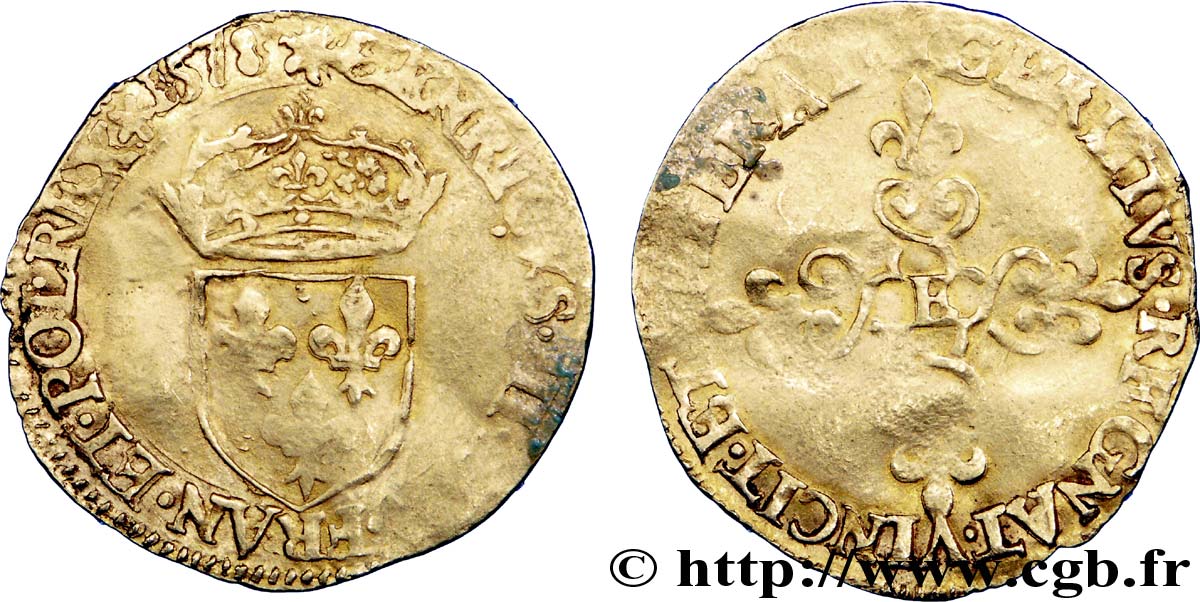 HENRY III Écu d or au soleil, 3e type 1578 Tours MB/q.MB