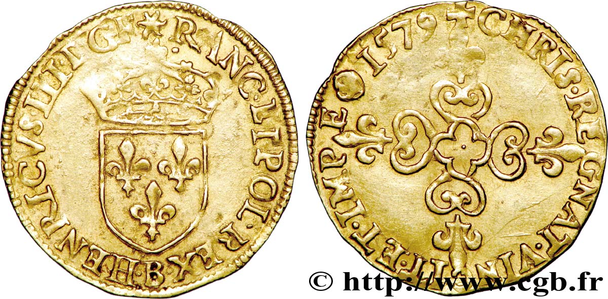 HENRY III Écu d or au soleil, 3e type 1579 Rouen BB/q.SPL