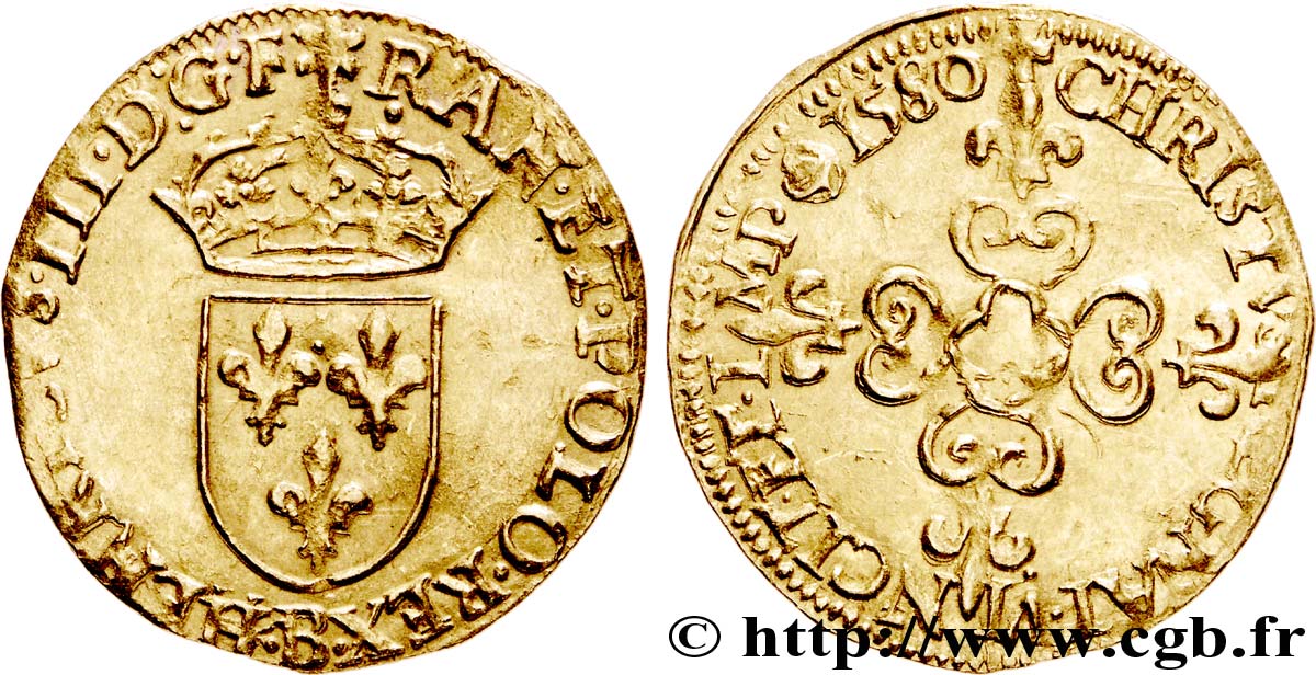 HENRI III Écu d or au soleil, 3e type 1580 Rouen TTB/TTB+