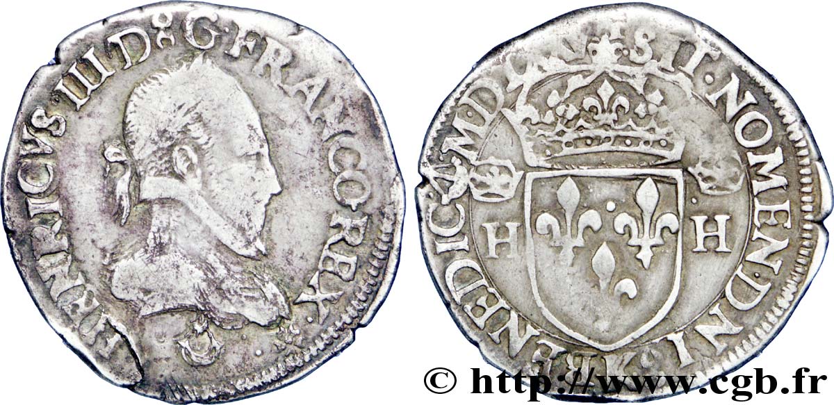 HENRY III Demi-teston, 4e type, col plat, sans le titre de roi de Pologne 1575 Bordeaux BC+/MBC