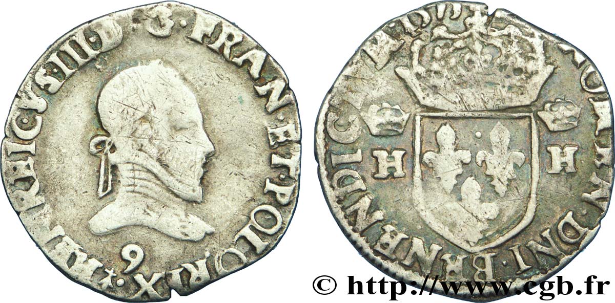 HENRI III Demi-teston, 4e type, col plat, légende de revers fautée 1575 Rennes TB+