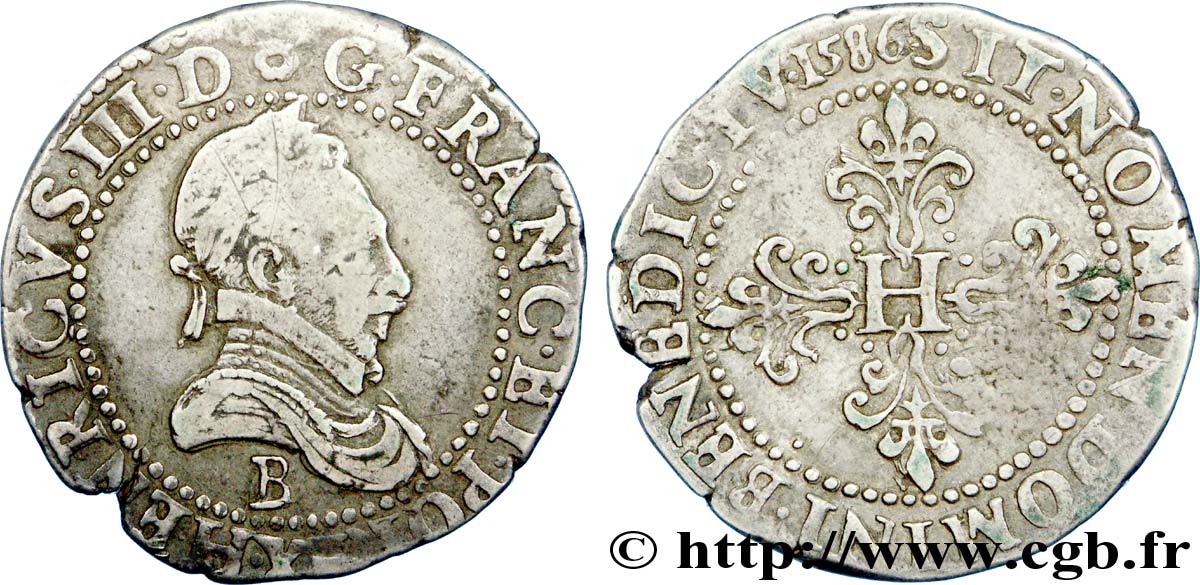 HENRI III Franc au col plat 1586 Rouen TB+/TTB