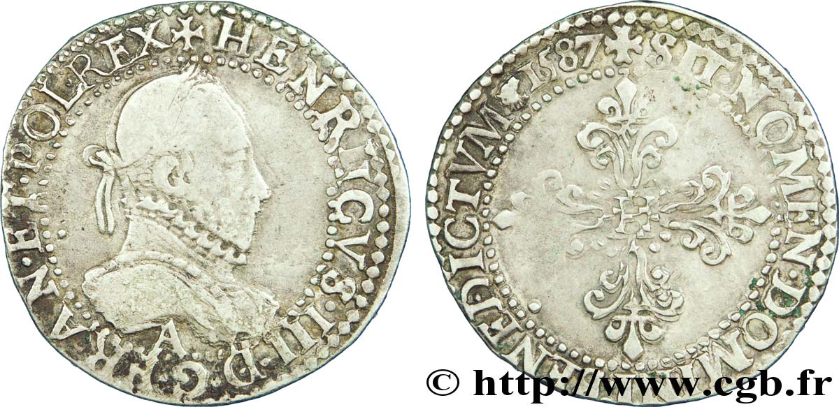 HENRI III Demi-franc au col gaufré 1587 Paris TB+/TTB