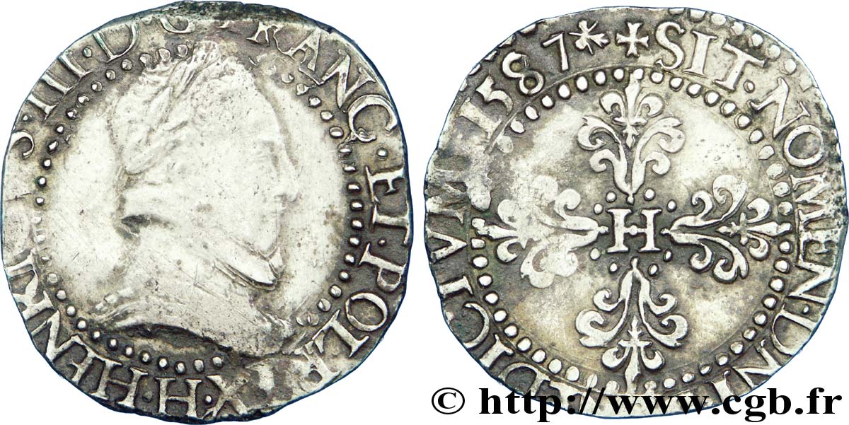 HENRI III Demi-franc au col plat 1587 La Rochelle TB+/TTB