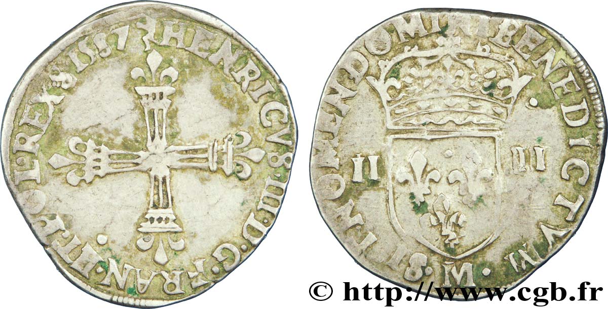 HENRY III Quart d écu, croix de face 1587 Toulouse VF