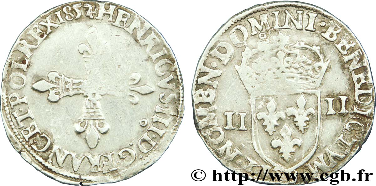 HENRY III Quart d écu, croix de face, millésime fautif (1857) 1587 Rennes XF