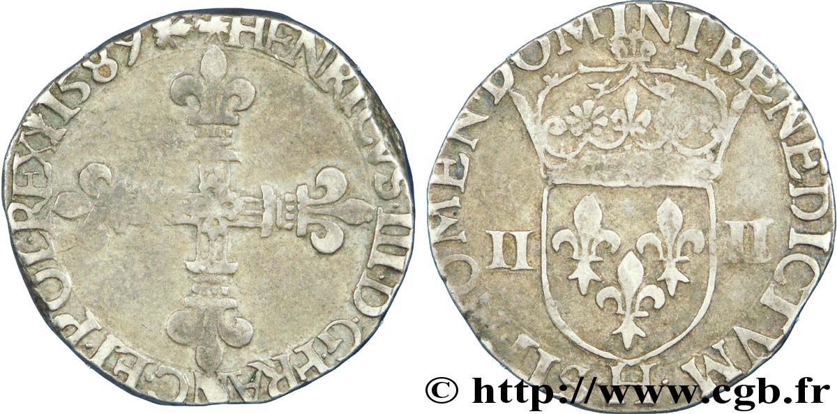 HENRY III Quart d écu, croix de face 1589 La Rochelle BB