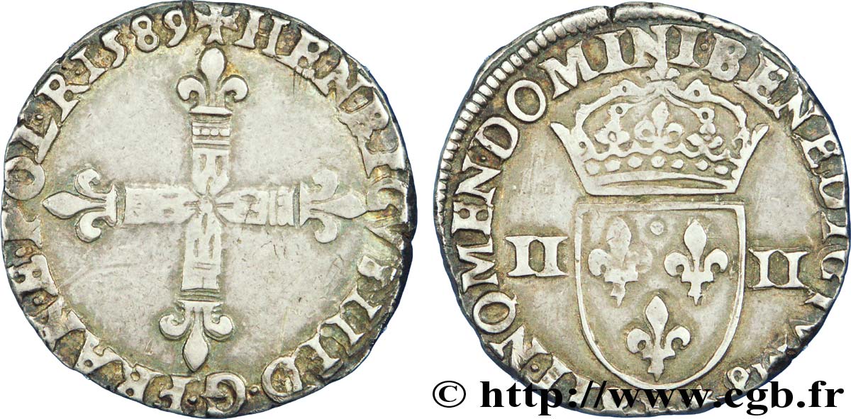 HENRY III Quart d écu, croix de face 1589 Bayonne MBC/MBC+