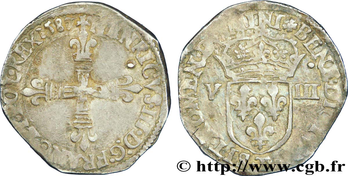 HENRY III Huitième d écu, croix de face 1587 Nantes BB