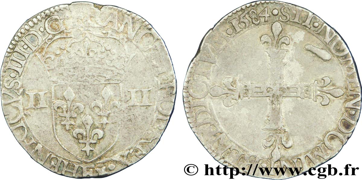 HENRY III Quart d écu, écu de face 1584 Tours XF/VF