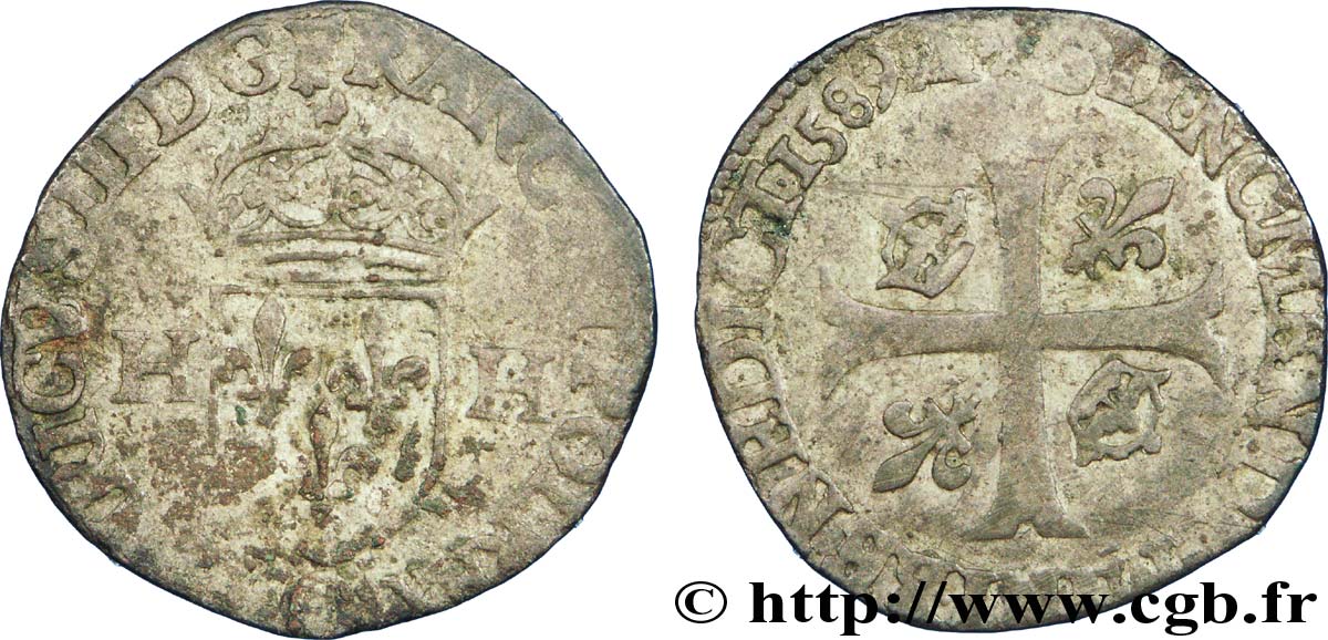 HENRI III Douzain aux deux H, 3e type 1589 Riom TB/TB+