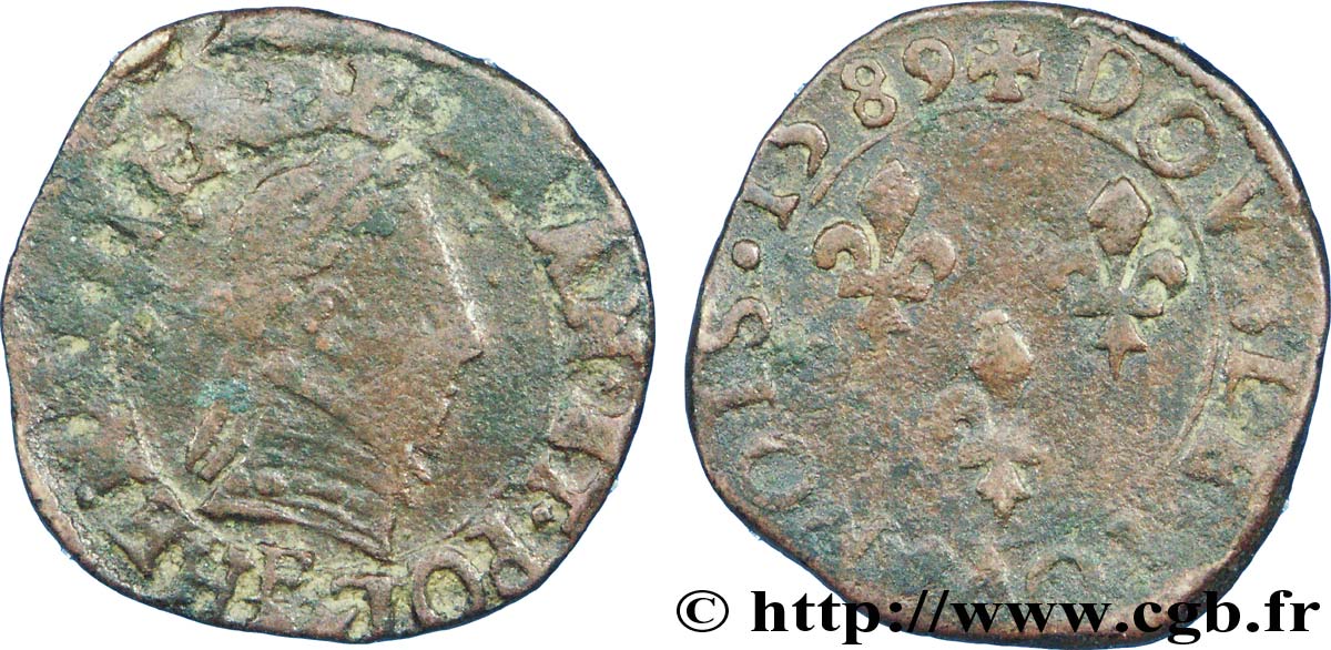 HENRY III Double tournois, 2e type de Tours 1589 Tours BC