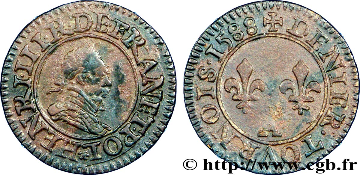 HENRI III Denier tournois, 2e type de Paris 1588 Paris, Moulin des Étuves TTB+
