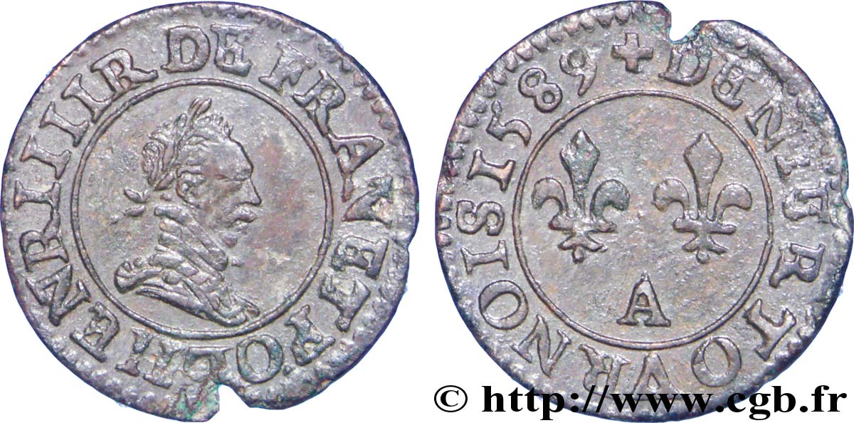 HENRI III Denier tournois, 2e type de Paris 1589 Paris, Moulin des Étuves TTB+