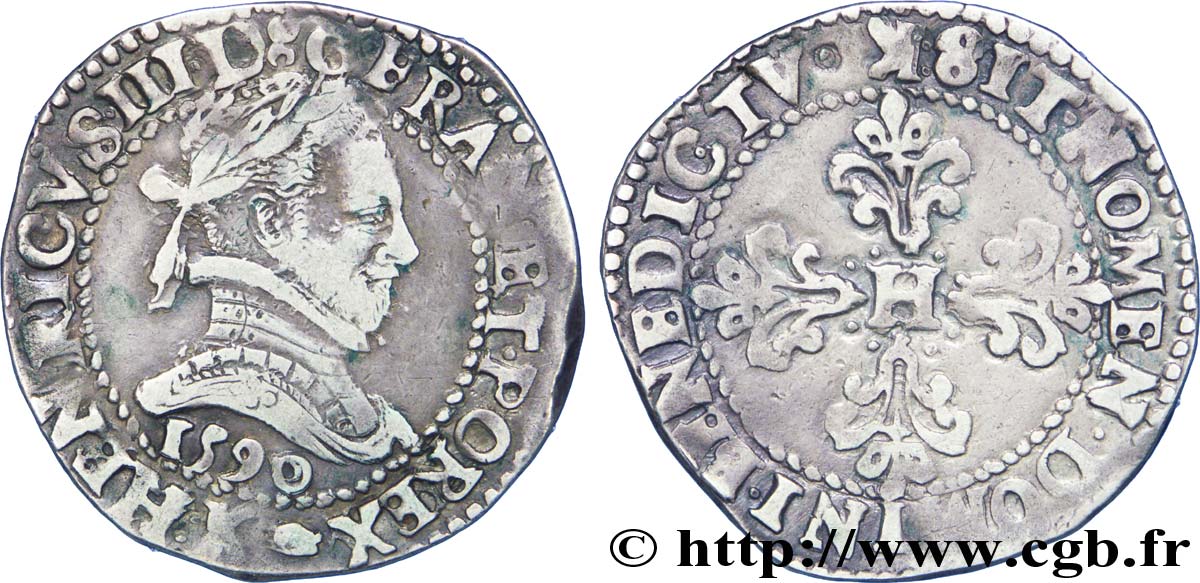 LIGUE. COINAGE AT THE NAME OF HENRY III Demi-franc au col plat 1590 Bordeaux XF