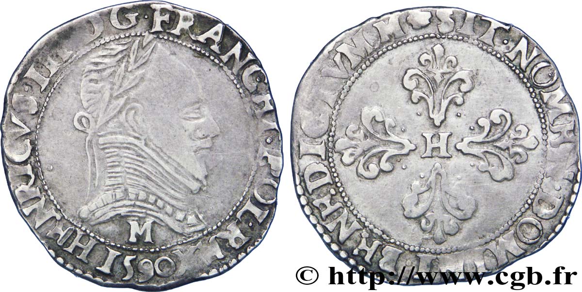 LA LIGUE. MONNAYAGE AU NOM D HENRI III Demi-franc au col plat 1590 Toulouse TTB/TTB+