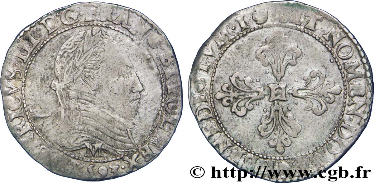 THE LEAGUE. COINAGE IN THE NAME OF HENRY III Demi-franc au col plat 1593 Toulouse VF/XF