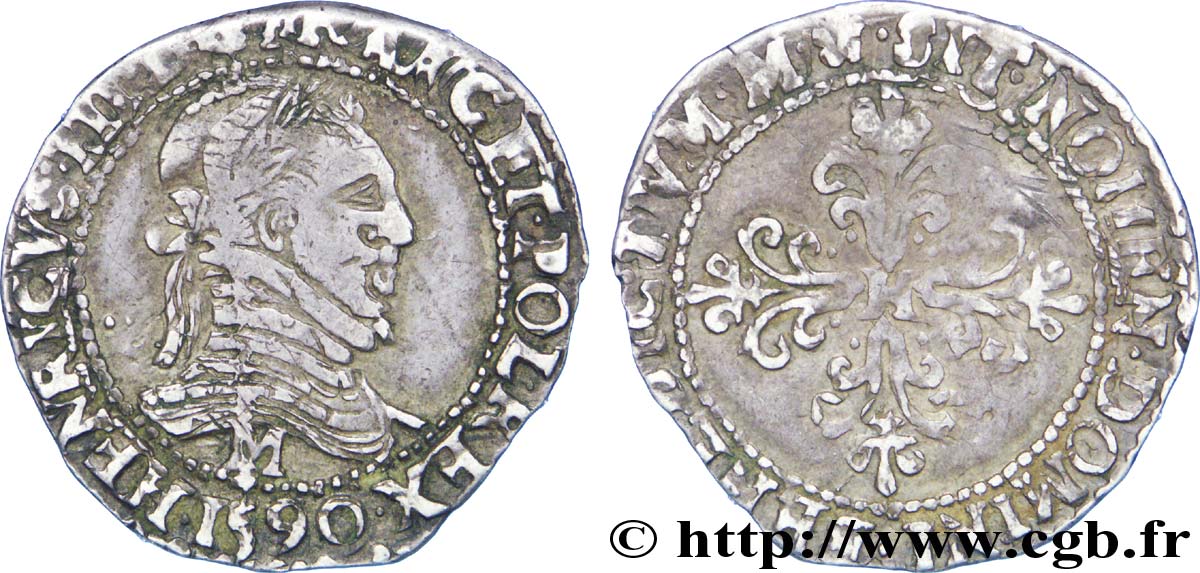 LIGUE. COINAGE AT THE NAME OF HENRY III Quart de franc au col plat 1590 Toulouse MBC/BC+