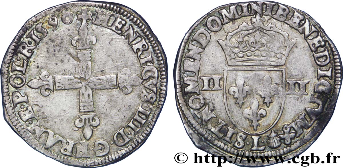 LIGUE. COINAGE AT THE NAME OF HENRY III Quart d écu, croix de face 1590 Bayonne fSS/SS