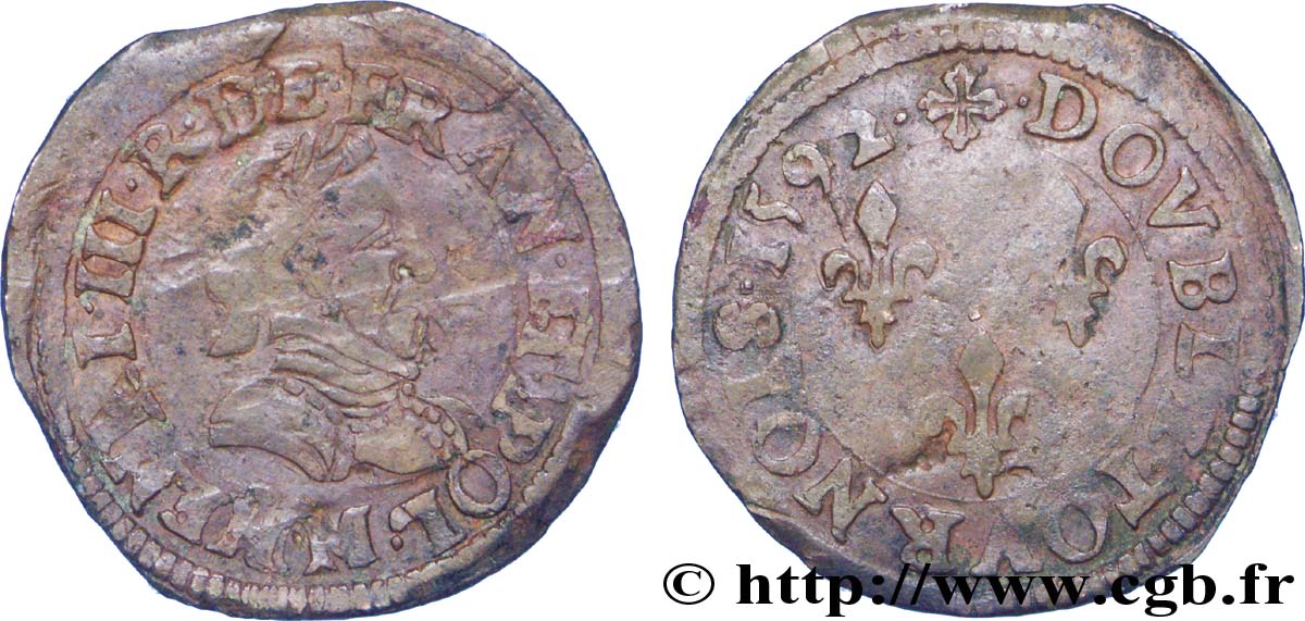 LIGUE. COINAGE AT THE NAME OF HENRY III Double tournois, type de Toulouse 1592 Toulouse BC+