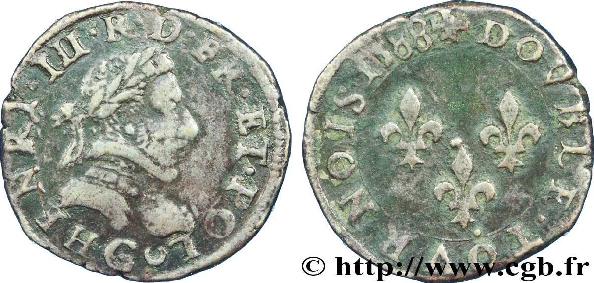 LIGUE. COINAGE AT THE NAME OF HENRY III Double tournois, type de Poitiers 1588 Poitiers BC+