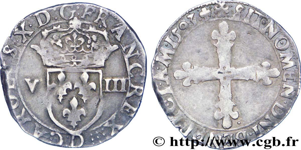 CHARLES X, CARDINAL OF BOURBON Huitième d’écu, écu de face 1593 Lyon XF/VF