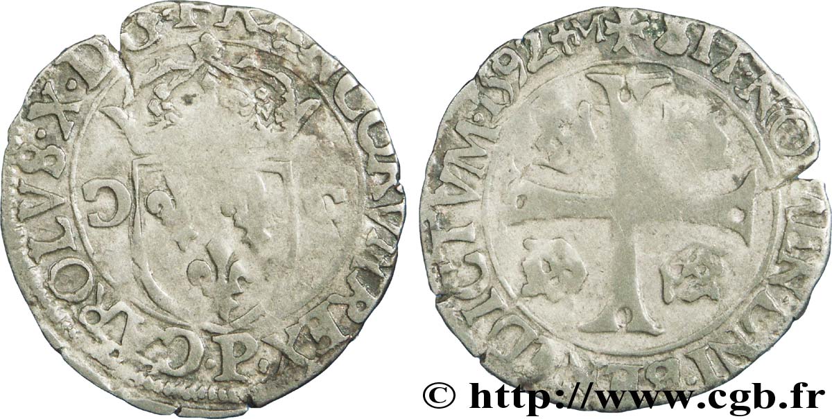 CHARLES X, CARDINAL DE BOURBON Douzain aux deux C, 1er type 1592 Dijon TB+