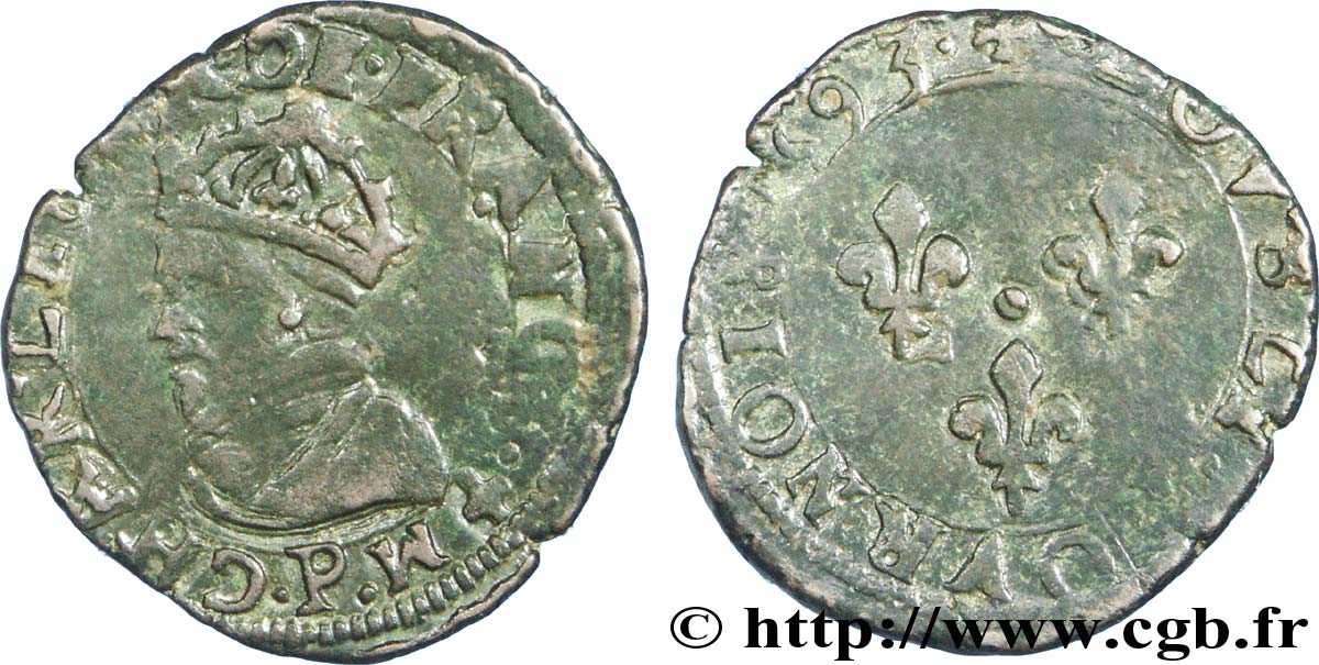 CHARLES X, CARDINAL DE BOURBON Double tournois, type de Dijon 1593 Dijon TTB