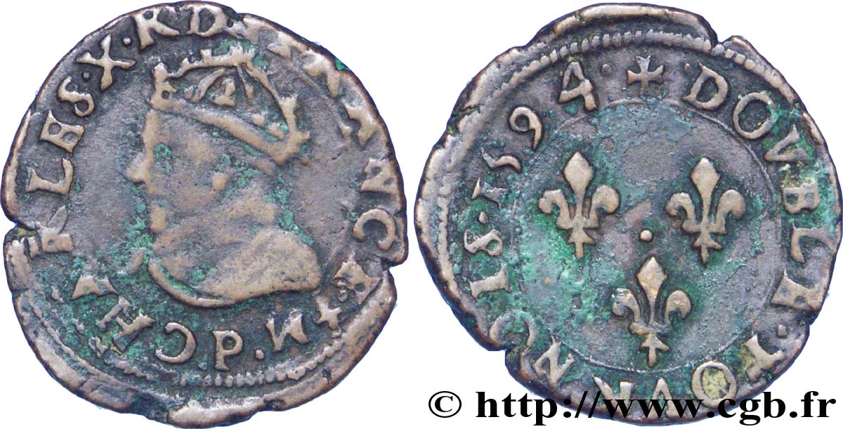 CHARLES X, CARDINAL OF BOURBON Double tournois, type de Dijon 1594 Dijon XF
