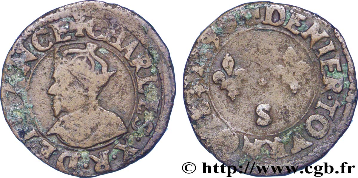 CHARLES X, CARDINAL OF BOURBON Denier tournois, type de Troyes 1590 Troyes VF
