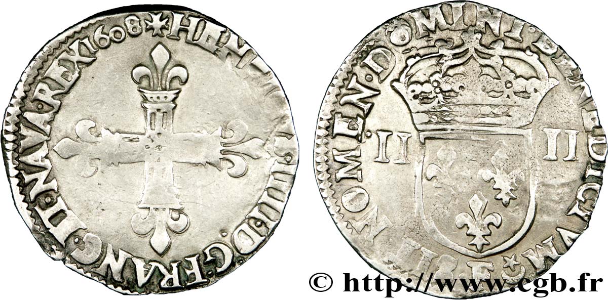 HENRY IV Quart d écu, croix bâtonnée et fleurdelisée de face 1608 Angers q.BB