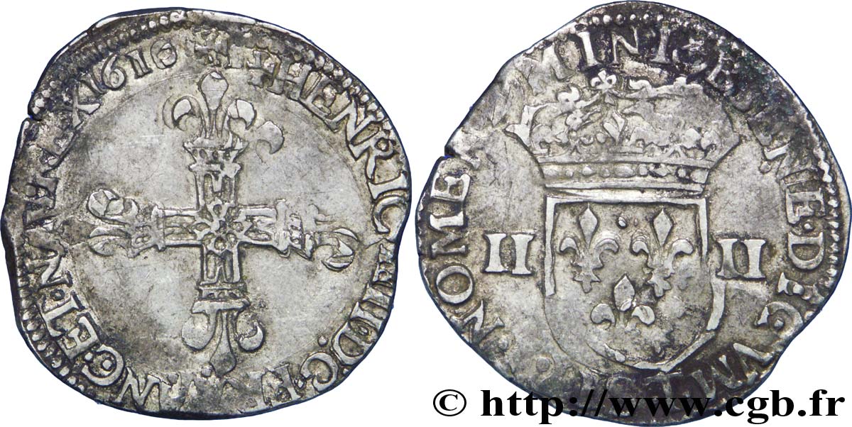 HENRY IV Quart d écu, croix bâtonnée et fleurdelisée de face 1610 Nantes XF/VF