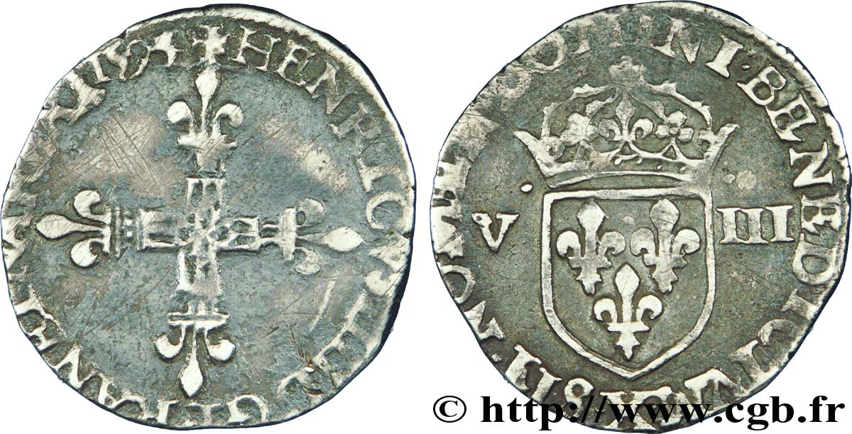 HENRI IV LE GRAND Huitième d écu, croix bâtonnée et fleurdelisée de face 1595 Amiens TB+/TTB