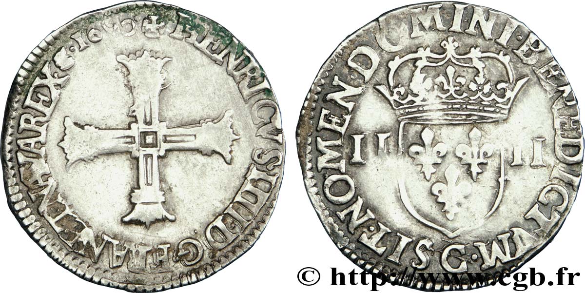 HENRY IV Quart d écu, croix batonnée et couronnée de face 1600 Saint-Lô VF/XF